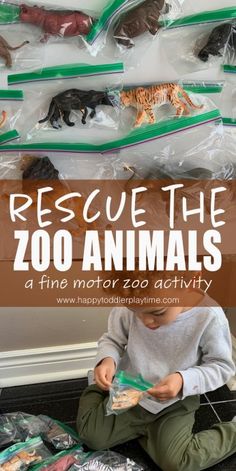 a young boy sitting on the floor playing with plastic animals in front of him and text overlay reads rescue the zoo animals