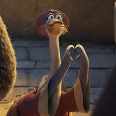 an ostrich is making a heart shape with his hands while another looks on