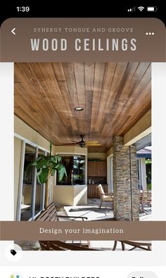 the front cover of a house with wood ceilings