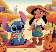 the character lila from disney's lila and stitch is surrounded by pumpkins