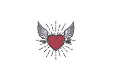 an embroidered heart with wings and sunbursts on the side, in white background