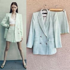 Zara 2 Pc Co-Ord Set Mint Green Textured Tweed Double Breasted Lapel Longline Blazer & Pleated Mini Skirt Suit Note: Blazer Is Size Small & Skirt Is X-Small. Please See Measurements Blazer Lightly Padded Shoulders Linedvery Very Light Make-Up Mark On Interior Lining Near Collar Button Closure Pit To Pit: 18” Waist 16” Flat Shoulder To Shoulder 16” Flat Center Length Approx 31” Sleeve: 24” Skirt Center Back Zip Closure Waist 13” Flat Center Length Approx 16” Any Wear Is Extremely Minoreuc Emily I Light Make Up, Mini Skirt Suit, Co Ord Suit, Zara Set, Small Skirt, Old Money Aesthetic, Tweed Blazer, Co Ord Set, Zara Jackets