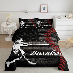 a baseball themed comforter set with an american flag and the word base ball on it