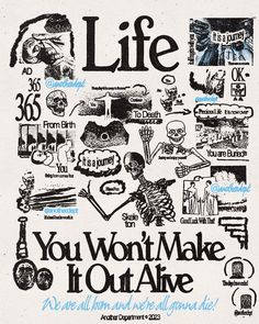 a poster with the words life written in different languages and pictures, including an image of people