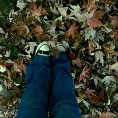 a person standing in front of leaves on the ground with their feet propped against them