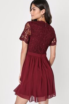 Look like you just arrived off of cloud nine in the Lulus Angel in Disguise Burgundy Lace Skater Dress! This perfect little cocktail dress features delicate scalloped lace that frames a trendy V-neckline and adds a touch of romance to the short sleeves. The banded waist effortlessly cinches your figure, while the flirty chiffon skater skirt adds a playful and flouncy touch. Hidden back zipper/clasp. Fit: This garment fits true to size. Length: Mid-thigh. Size medium measures 35.5" from shoulder Elegant Short Sleeve Mini Dress With Lace Patchwork, Elegant Mini Dress With Lace Patchwork And Short Sleeves, Evening Lace Dress With Scalloped Edges, Party Dress With Scalloped Edges Mini Length, Party Dresses With Scalloped Edges, Mini Length, Party Lace Dress With Scalloped Edges, Party Dress With Scalloped Edges In Mini Length, Lace Evening Dress With Scalloped Edges, Bridesmaid Lace Dress With Scalloped Lace