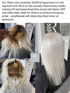 Ice Blonde Toner Formula, Icy Blonde Hair Formula, Silver Toner Formula, Platinum Toner Formula, Matrix Blonde Toner Formulas, Silver Hair Color Formula, Matrix Hair Color, Blonde Hair Tips, Hair Dye Techniques