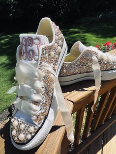 Platform Converse with Champagne Rhinestones & ivory mixed pearls encrusted all over the shoe. ! I can change the look of this shoe by doing all rhinestones or changing colors of pearls and rhinestones. Just message me. I can also do black on black shoes. I can change the personalization too ! Almost anything can go on the tongues. Names, dates, I Do Please give detailed instructions in your order. These shoes will sparkle and get noticed across the room! They are beautifully embroidered and han Elegant Wedding Sneakers With Rhinestones, Elegant Lace-up Wedding Shoes With Rhinestones, Wedding Lace-up Sneakers With Rhinestones, Wedding White Embellished Sneakers, Wedding Low-top Sneakers With Rhinestones, Embellished Lace-up Sneakers For Weddings, Elegant Embellished Sneakers For Wedding, Embellished Low-top Wedding Sneakers, Pearl Embellished Lace-up Wedding Sneakers