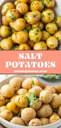 two pictures with different types of potatoes in them and the words salt potatoes above it