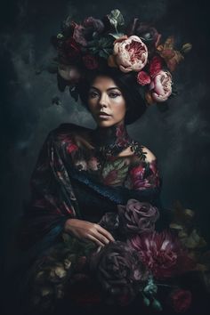 a woman with flowers in her hair is wearing a floral headdress and dress