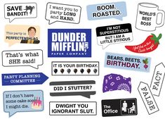 some stickers that have been placed on top of each other with different words and phrases