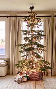 a small christmas tree in a living room next to a window with curtains on the windowsill