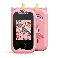 an iphone case with unicorns on the front and back sides, both pink in color