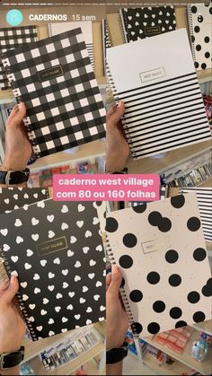 several different types of notebooks with black and white polka dots on them