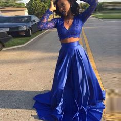 Royal Blue Long Sleeve Prom Dress, Blue Long Sleeve Gown For Prom, Fitted Two-piece Dress For Prom Season, Fitted Long Sleeve Two-piece Wedding Dress, Fitted Two-piece Dress For Prom, Royal Blue Long Sleeve Evening Dress For Prom, Blue Homecoming Dress With Sweep Train, Blue Long Sleeve Bridesmaid Evening Dress, Blue Fitted Two-piece Party Dress