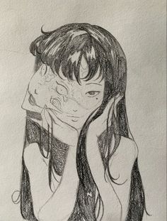 a pencil drawing of a girl with her face covered by the hair and eyes closed