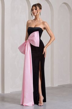 Best Wishes Black Velvet Bandeau Split Maxi Dress With Oversized Pin – Club L London - USA Bows On Dresses, Bow Decorations, Dresses Traditional, Sleek Bun, Europe Outfits, Leg Split, Corset Bodice, Party Dress Long Sleeve, Bow Pattern