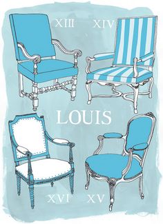 blue and white chairs with the words louis written on them