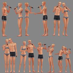 multiple poses of a man in swimsuits brushing his teeth and holding a cell phone