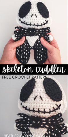 a crocheted jack skellingon doll is shown with text that reads, skeleton cuddler free crochet pattern