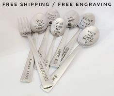 six spoons that say free shipping / free encraving with the words love you buy on them