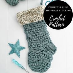 a crochet stocking pattern with the words perfectly chic christmas stockings written below it