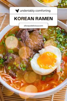 two bowls of korean ramen with an egg on top