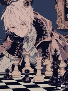 a man sitting on top of a chess board next to a giant black and white queen