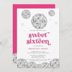 a pink and silver disco ball birthday party card with the words sweet sixteen on it