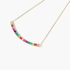 A row of vibrant pavé gemstones are set in lustrous yellow gold and arrayed to create a dazzling rainbow. This necklace is perfect to match your colorful personality! It features a spring clasp and adjustable length at 16 or 18 inches. *Pendant dimensions: 1.5 inches Rainbow Necklace, Gemstone Necklace, Sapphire, Yellow Gold, Rainbow, Gemstones, Pendant, Yellow, Gold