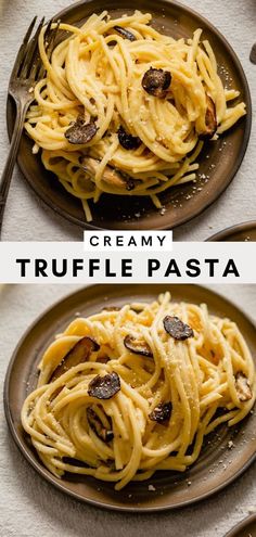 two plates filled with pasta on top of a table