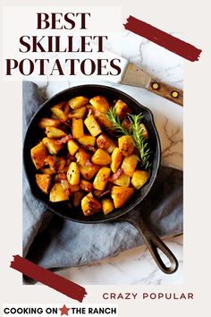 a skillet filled with potatoes on top of a table