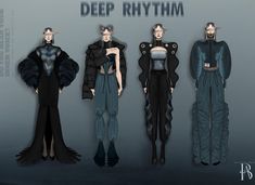 three models in black and blue outfits with the words deep rhythm