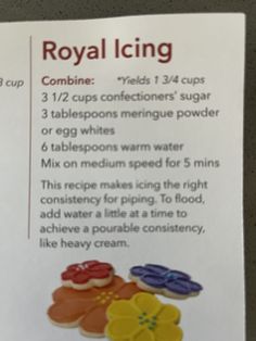 the instructions for making royal icing are shown in this sign posted on the wall