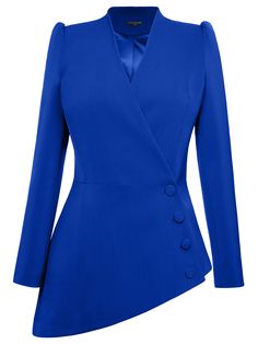 Striking the right balance between contemporary cool and sophistication, this asymmetric blazer is cut from a luxurious stretch crêpe fabric in an unmissable pop of blue colour. It pleasingly cinches the waist before falling to a flattering asymmetric hemline.  The blazer is designed with long sleeves and padded shoulders for added structure, wrap front closure and same-fabric buttons in a true manifestation of craftsmanship. Fully lined with silky satin for a gentle touch, it feels soft and comfortable to the skin.  The impeccable craftsmanship and quality finish of this timeless piece ensure that you can wear it with unshakable confidence. Style it with its matching Royal Azure High-Waist Straight-Leg Trousers to complete the edit. Hand wash only. Wash inside out with like colours. Do no Dior Tops Women, Royal Blue Suit Women, Blue Suit Women, Pants Suits For Women, Asymmetric Blazer, Corporate Wears, Graduation Suit, Areca Nut, Royal Blue Suit