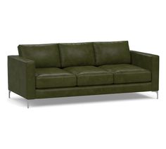 a green leather couch with chrome legs