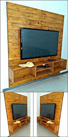 the entertainment center is made out of wood and has a flat screen tv on it