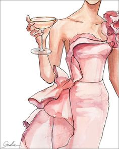 a drawing of a woman in a pink dress holding a wine glass and looking at the camera