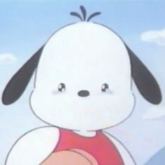 a cartoon dog with a red shirt and black ears sitting in front of a blue sky