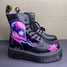 New Dr. Martens Loveis Wise Jadon For Pride Black Platform Boots Size: Women's 7 Condition: New, Unworn Without Box/Tags (See Pictures For More Details). Pink High Ankle Platform Boots, Pink High Ankle Boots With Reinforced Heel, Multicolor Platform Boots With Round Toe, Multicolor High Ankle Platform Boots, Edgy Pink Round Toe Boots, Edgy Pink Party Boots, Style With Boots, Dr Martens Jadon, Dr Martens Black