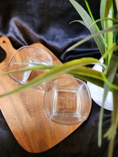 two glasses sitting on top of a wooden cutting board next to a potted plant