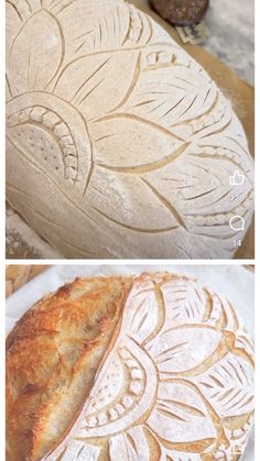 two pictures showing the process of making bread with white flour on top and an image of a loaf of bread next to it