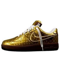 Nike Louis Vuitton x Air Force 1 Low 'Metallic Gold' 1A9VG3 Luxury Nike Sneakers For Sports, Nike Gold Leather Custom Sneakers, Gold Nike Leather Custom Sneakers, Gold Leather Nike Custom Sneakers, Nike Luxury Leather Sneakers, Luxury Nike Custom Sneakers For Streetwear, Luxury Custom Sneakers For Streetwear, Luxury Sports Sneakers, Black And Gold Nike Shoes