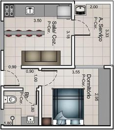 the floor plan for a small apartment with an attached bathroom and living room, as well as a kitchen