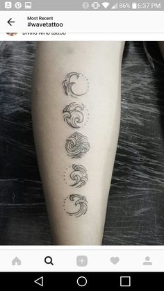 a woman's leg with the word wave tattoo on her left arm and an image of