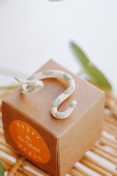 a snake figurine sitting on top of a cardboard box next to a plant