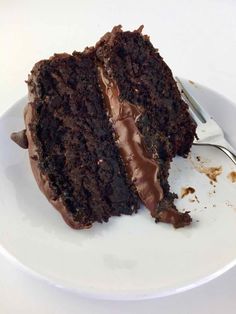 a piece of chocolate cake on a plate with a fork