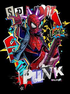 spider - man playing the guitar in front of some graffiti art on a black background