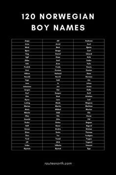 a black and white poster with the names of norwegian boy names in english or spanish