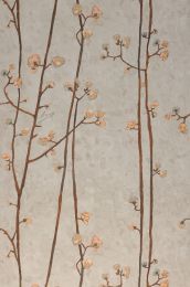 a painting of branches with flowers in the foreground, against a light gray background